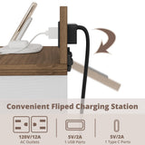 IRONCK Farmhouse Nightstand with Charging Station, Rustic Night Stand with Barn Door and Shelf, Rustic End Table Side Table with Storage for Bedroom, White/Walnut IRONCK