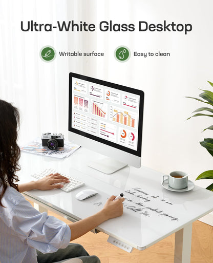 Marsail Glass Electric Standing Desk with Drawer, 48 x 24 Inches Height-Adjustable Desk, One-Piece Tempered Glass Top, Ergonomic Home Office Sit Stand Desk with 4 Preset Heights, White - WoodArtSupply