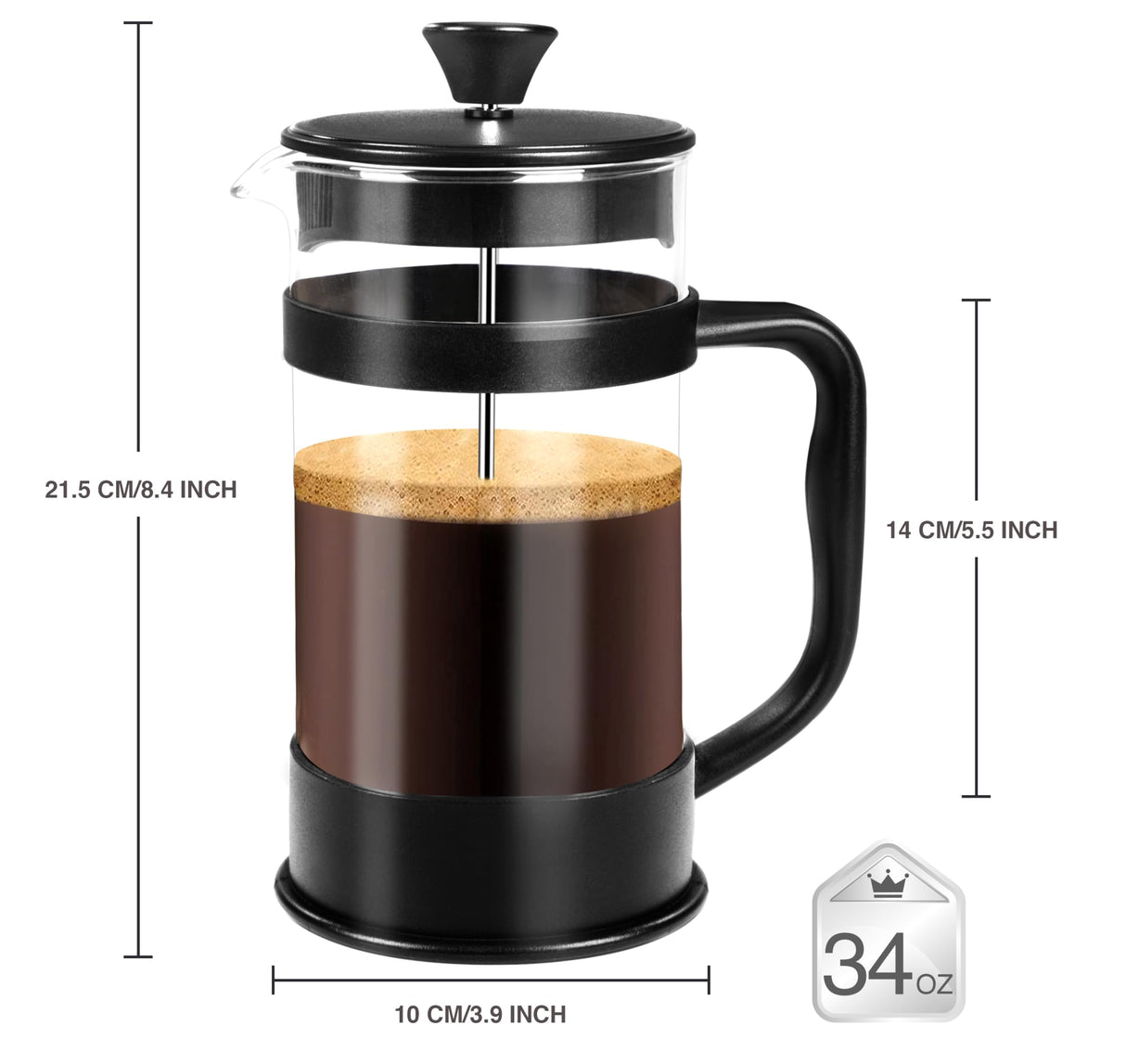 Utopia Kitchen 34 Ounce 1 Liter French Press Coffee Maker, Tea Maker, Travel Coffee Presses, Heat Resistant Thickened Borosilicate Coffee Pot for Camping Travel Gifts, Black Pack of 1 Utopia Kitchen