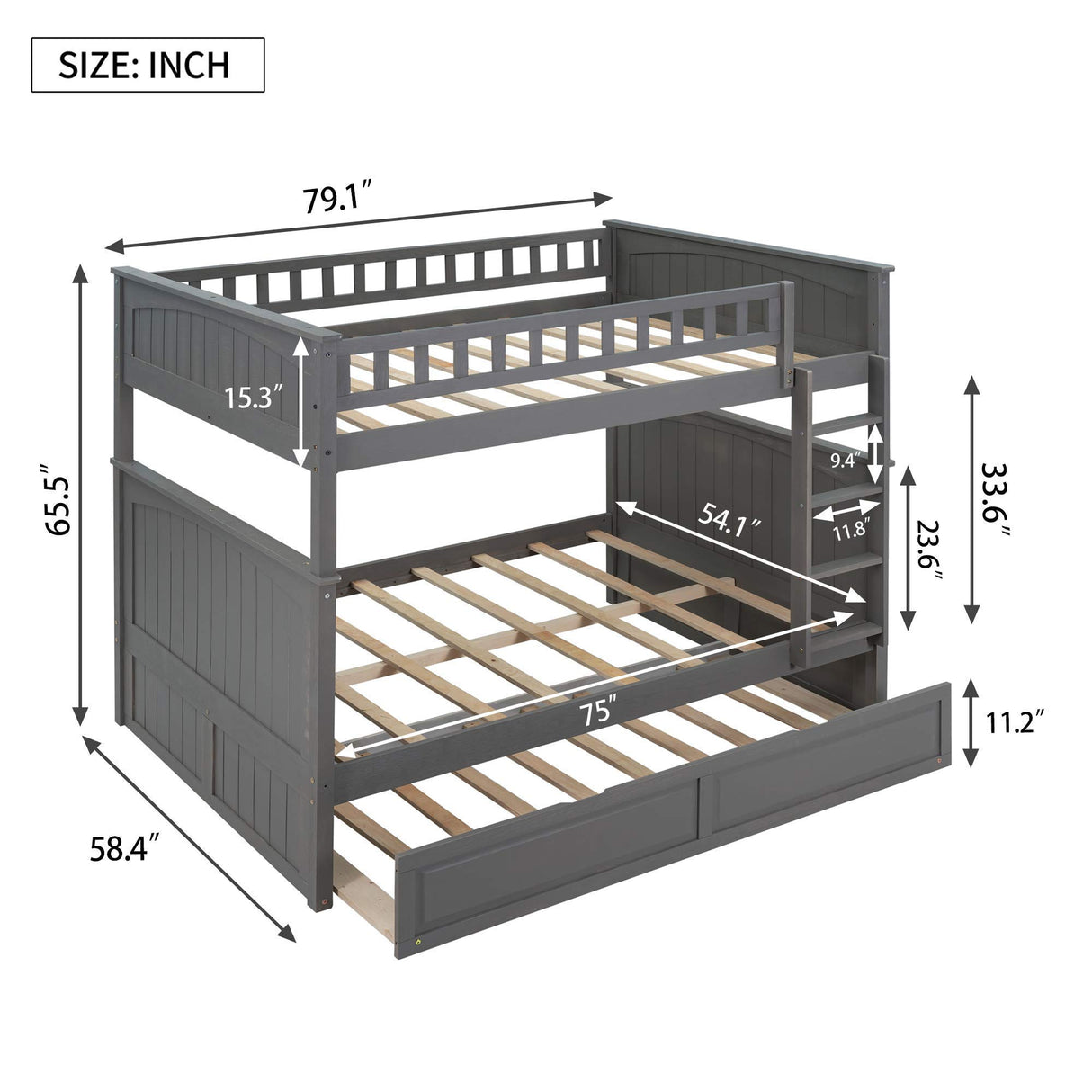Harper & Bright Designs Full Over Full Bunk Bed with Trundle, Wood Bunk Bed with Guardrails for Kids and Teens, Brushed Gray Harper & Bright Designs