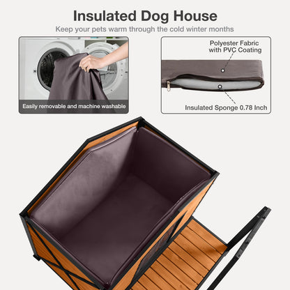 MEDEHOO Outdoor Weatherproof Dog House with Insulated - Large All-Around Iron Frame - Fir Wood Construction - Ideal for All Dog Breeds (Medium)