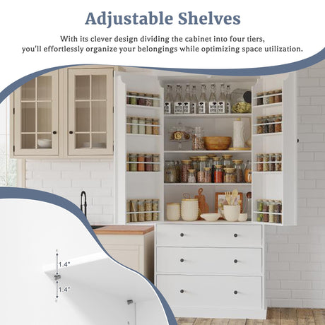 77inch Farmhouse Kitchen Pantry, Wood Storage Cabinet With 3 Adjustable Shelves, Freestanding Tall Cupboard Storage Cabinet With 8 Door Shelves And 3 Drawers For Kitchen, Dining Room (White-CR) Tdewlye