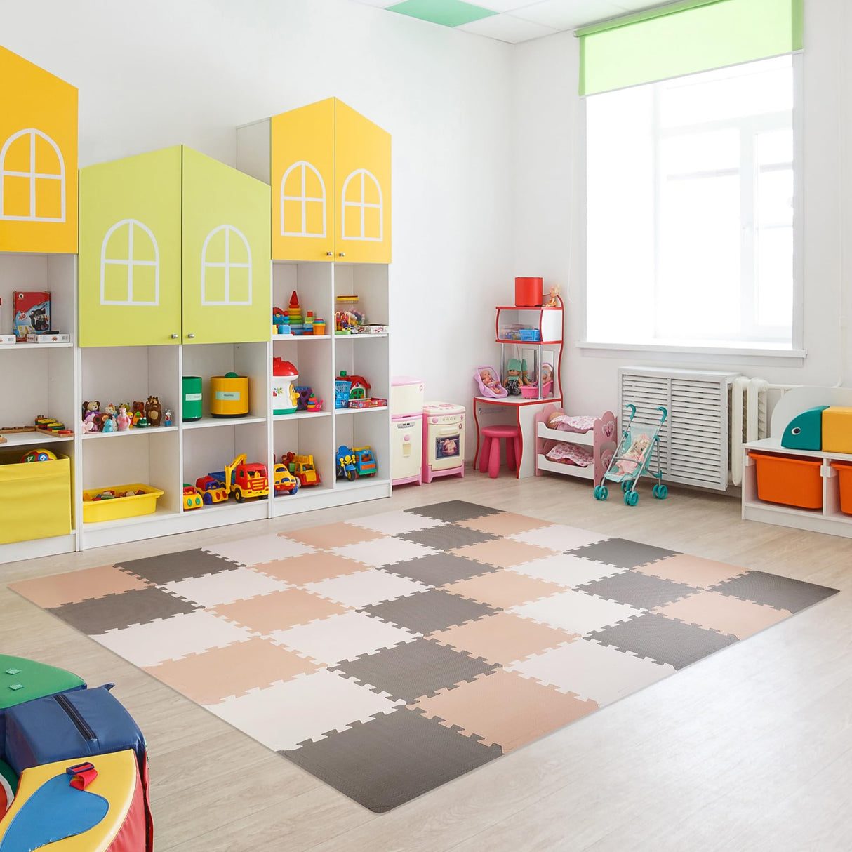 BalanceFrom Fitness 16 Tile Thick Non Slip Interlocking EVA Foam Kids Puzzle Home Floor Exercise Play Mat Set, Covers 16 Square Feet, Cream/Gray/Beige BalanceFrom