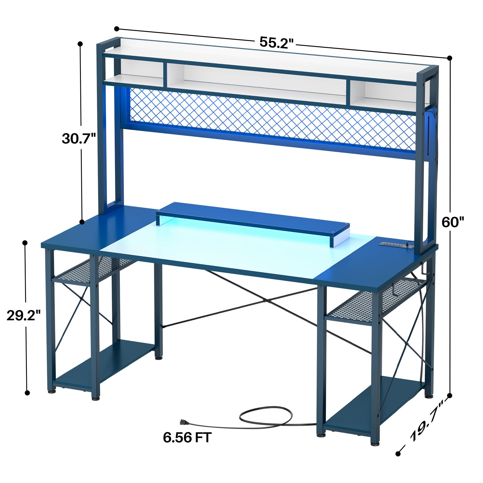 iSunirm 55 Gaming Desk with Hutch, Large Computer Desk with LED and Charging Station, Home Office Desk with Pegboard, Power Outlet, Storage and Monitor Stand, 55.2'' Gamer Desk PC Table, Whit - WoodArtSupply