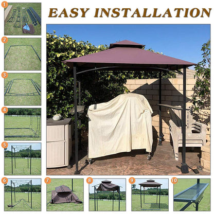 Grill Gazebo 8'x 5' Barbecue Canopy BBQ Gazebo Canopy Tent w/Air Vent Double Tiered Outdoor Brown