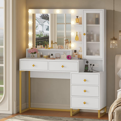 Tiptiper Large Makeup Vanity with Lights, Vanity Table with Charging Station Vanity Desk with Mirror and 10 LED Light Bulbs, Makeup Table with 5 Drawers, Nightstand and Storage Shelves, White & Gold Tiptiper