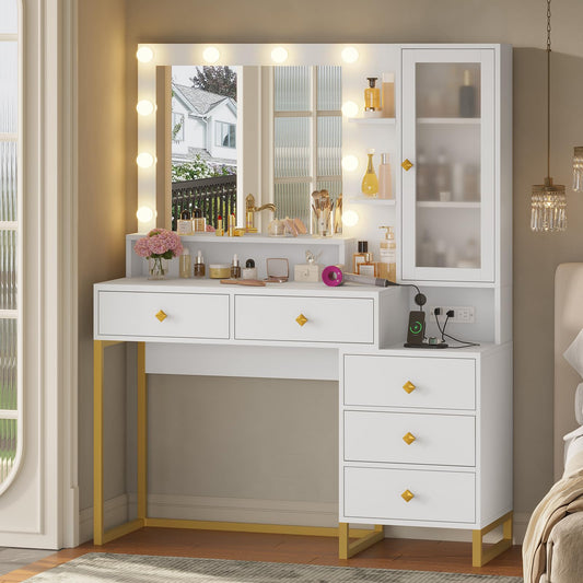 Tiptiper Large Makeup Vanity with Lights, Vanity Table with Charging Station Vanity Desk with Mirror and 10 LED Light Bulbs, Makeup Table with 5 Drawers, Nightstand and Storage Shelves, White & Gold