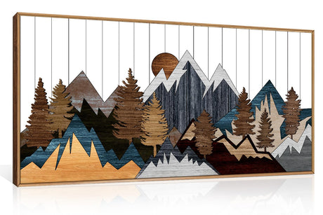 CHDITB Framed Wood Mountain Wall Art, 20"x40" Large Country Woodcut Style Wall Decor, Rustic Forest Nature Wall Painting, Modern Canvas Art Prints for Living Room, Bedroom, Farmhouse, Office CHDITB
