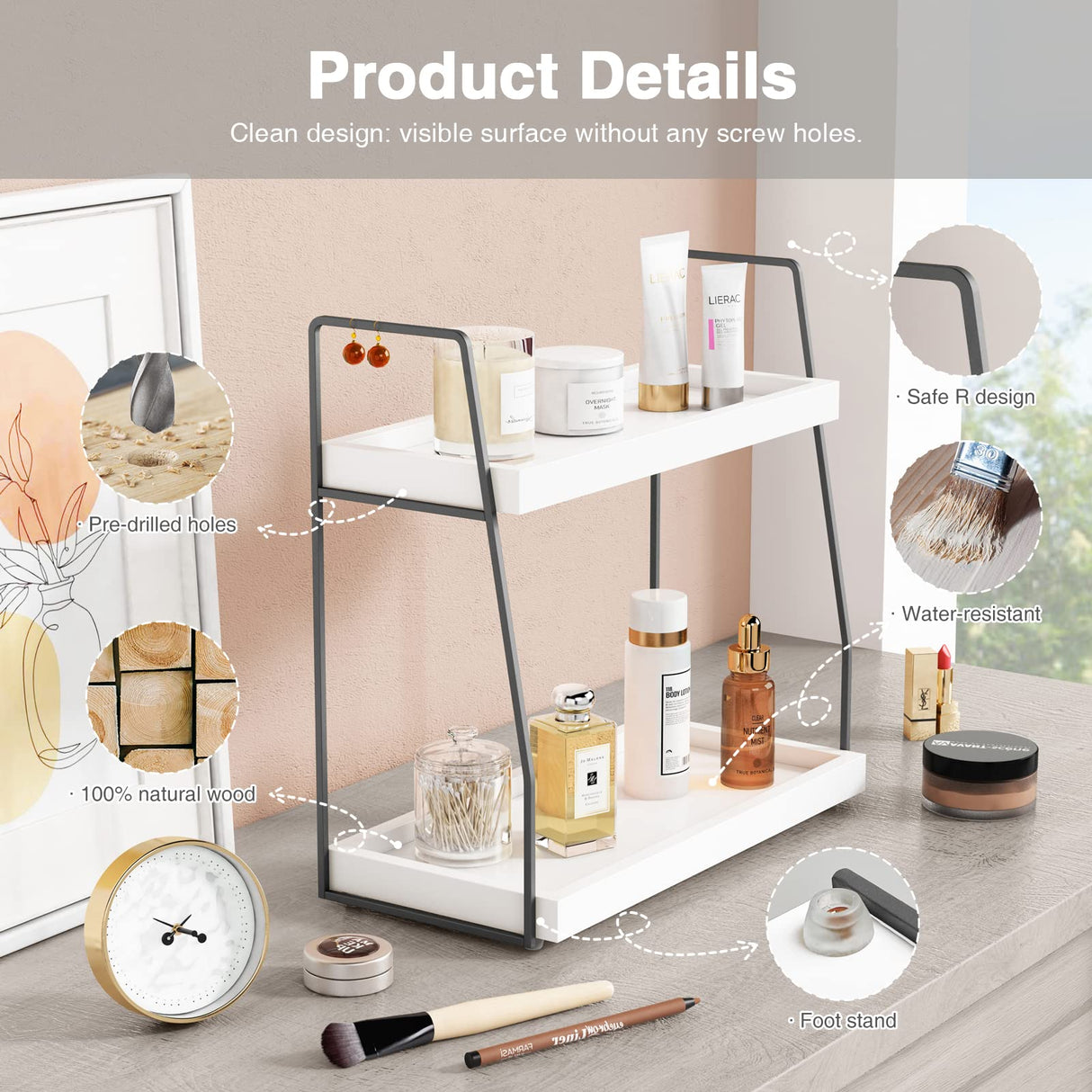 Forbena 2 Tier Bathroom Counter Organizer, White and Grey Coffee Bar Organizer for Countertop, Wood Shelf Tray for Vanity Makeup Storage, Small Kitchen Sink Top Organizers for Coffee Bar Station Forbena