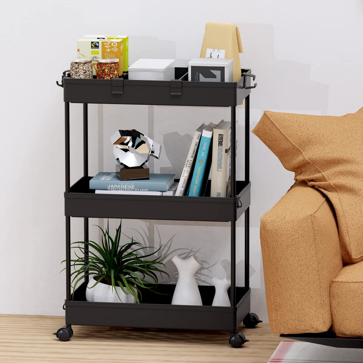 SPACELEAD 3 Tier Rolling Cart with Wheels, Storage Craft Art Trolley Organizer Serving, 3 Hanging Baskets Easy Assembly, for Office, Living Room, Kitchen, Black SPACELEAD