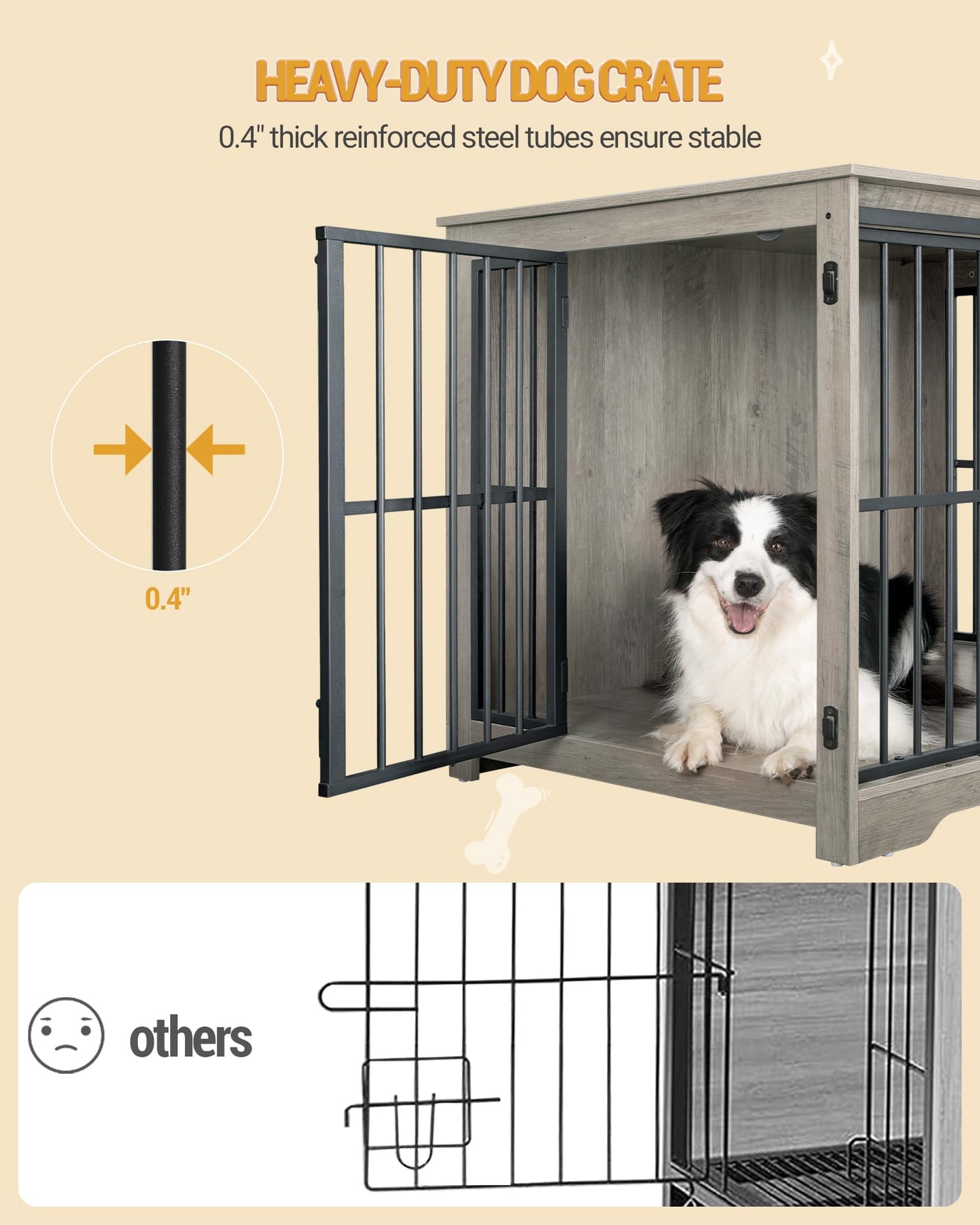 Hzuaneri Dog Crate Furniture, 44" Double Door Dog Crate with Barn Door, Dog Kennel Indoor, End Side Table Wooden Dog Crate for Small Medium Large Dog, Anti-Chew Anti-Escape, Greige - WoodArtSupply