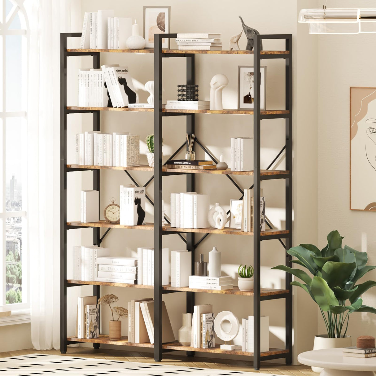 oneinmil Bookshelf 6 Tier, 71.5'' Industrial Wood Bookshelves, Book Shelf with 12 Open Display Shelves & Metal Frame, Tall Bookcase for Home and Office, Rustic Brown oneinmil