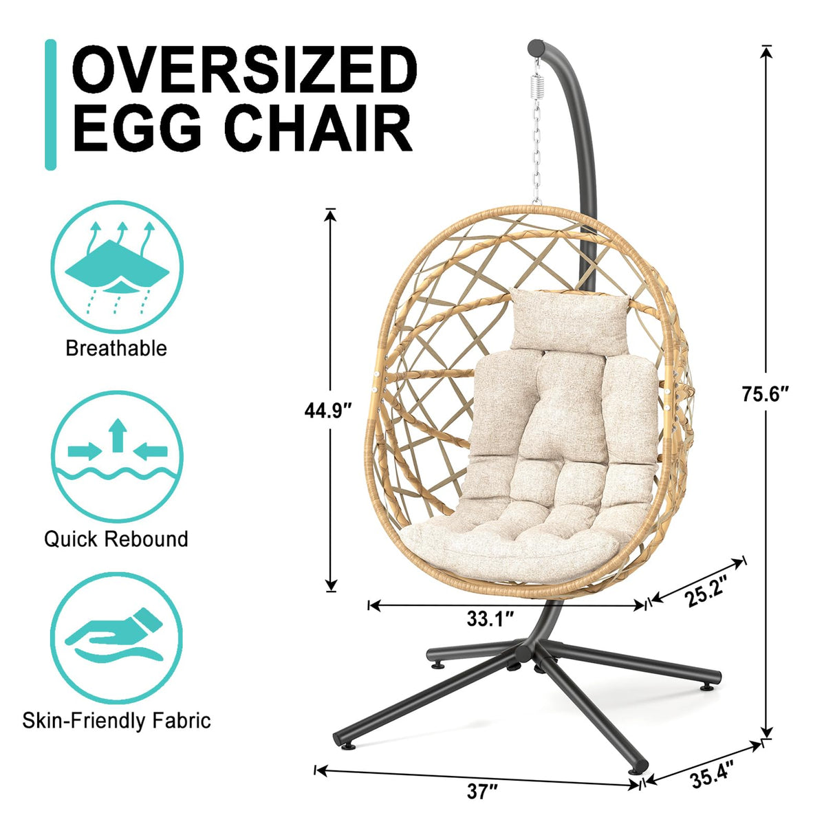 SWITTE Hanging Egg Chair with Stand, Outdoor Egg Swing Chair with Stand, Indoor Wicker Hammock Chair with Cushion for Patio, Garden-Cream SWITTE