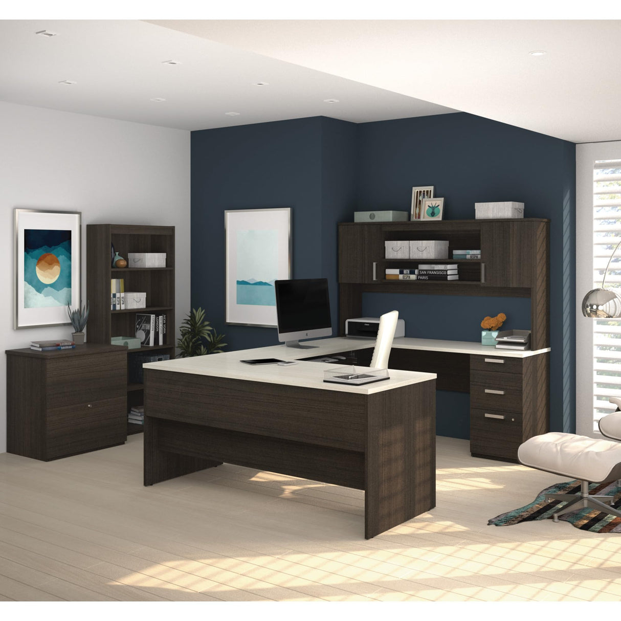 Bestar, Ridgeley Collection, 3-Piece Set Including a U-Shaped Desk with Hutch, a Lateral File Cabinet, and a Bookcase Bestar