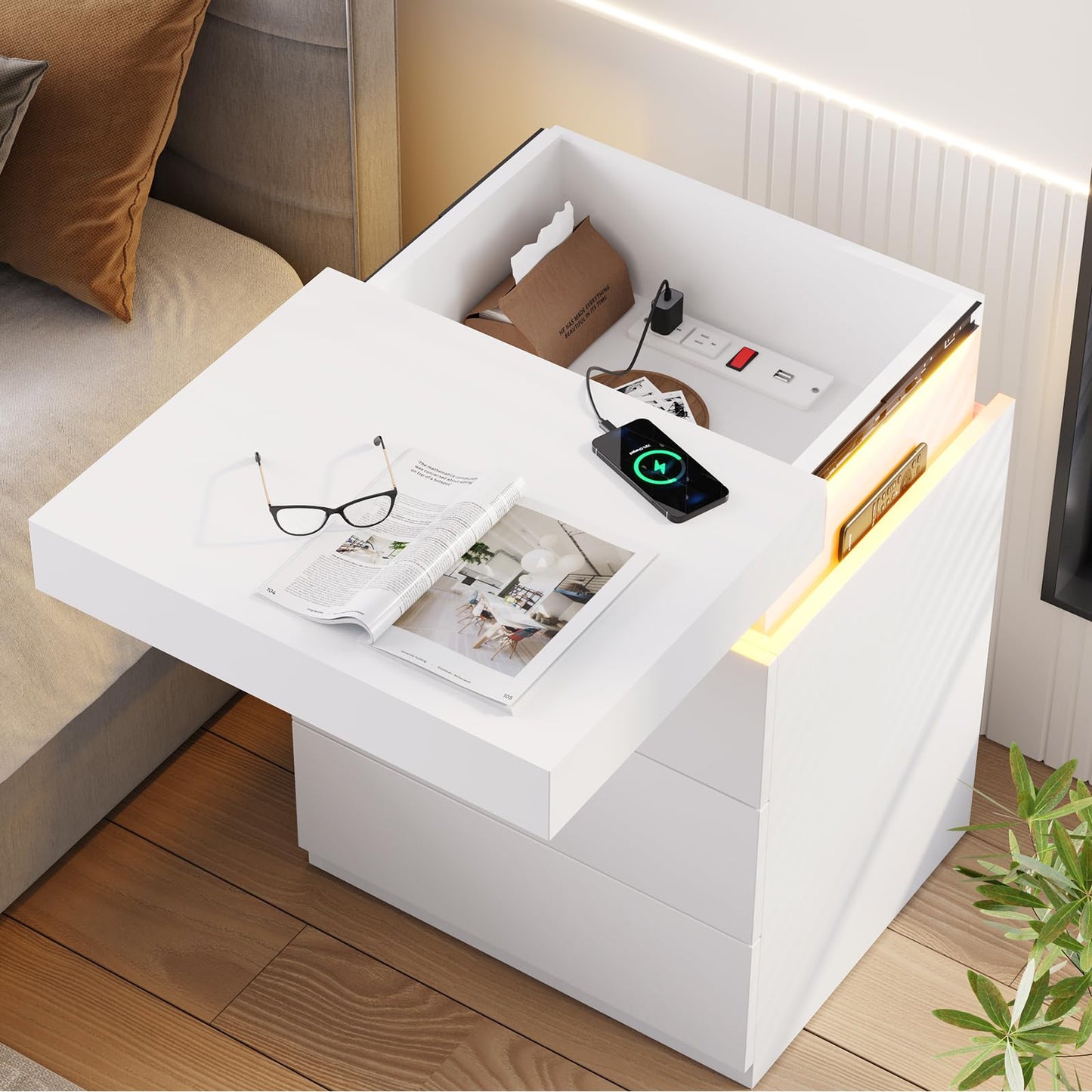 BTHFST Modern LED Nightstands Set of 2 with Charging Station and Sliding Top in White - WoodArtSupply