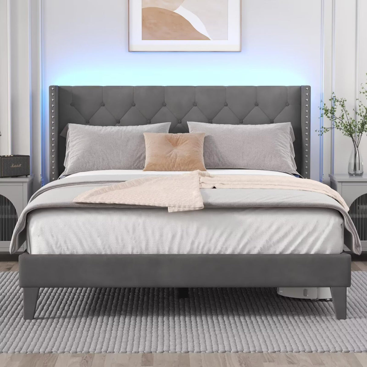 DOGIBIXO Grey Upholstered Bed Frame with LED Lights and Wingback Headboard, Easy Assembly, No Box Spring Needed DOGIBIXO