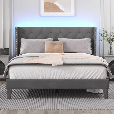 DOGIBIXO Grey Upholstered Bed Frame with LED Lights and Wingback Headboard, Easy Assembly, No Box Spring Needed DOGIBIXO