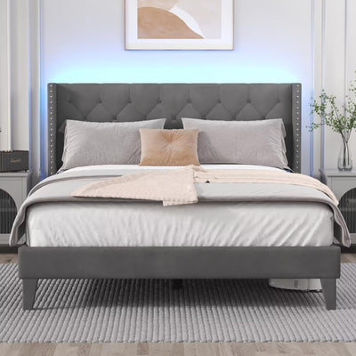 DOGIBIXO Grey Upholstered Bed Frame with LED Lights and Wingback Headboard, Easy Assembly, No Box Spring Needed