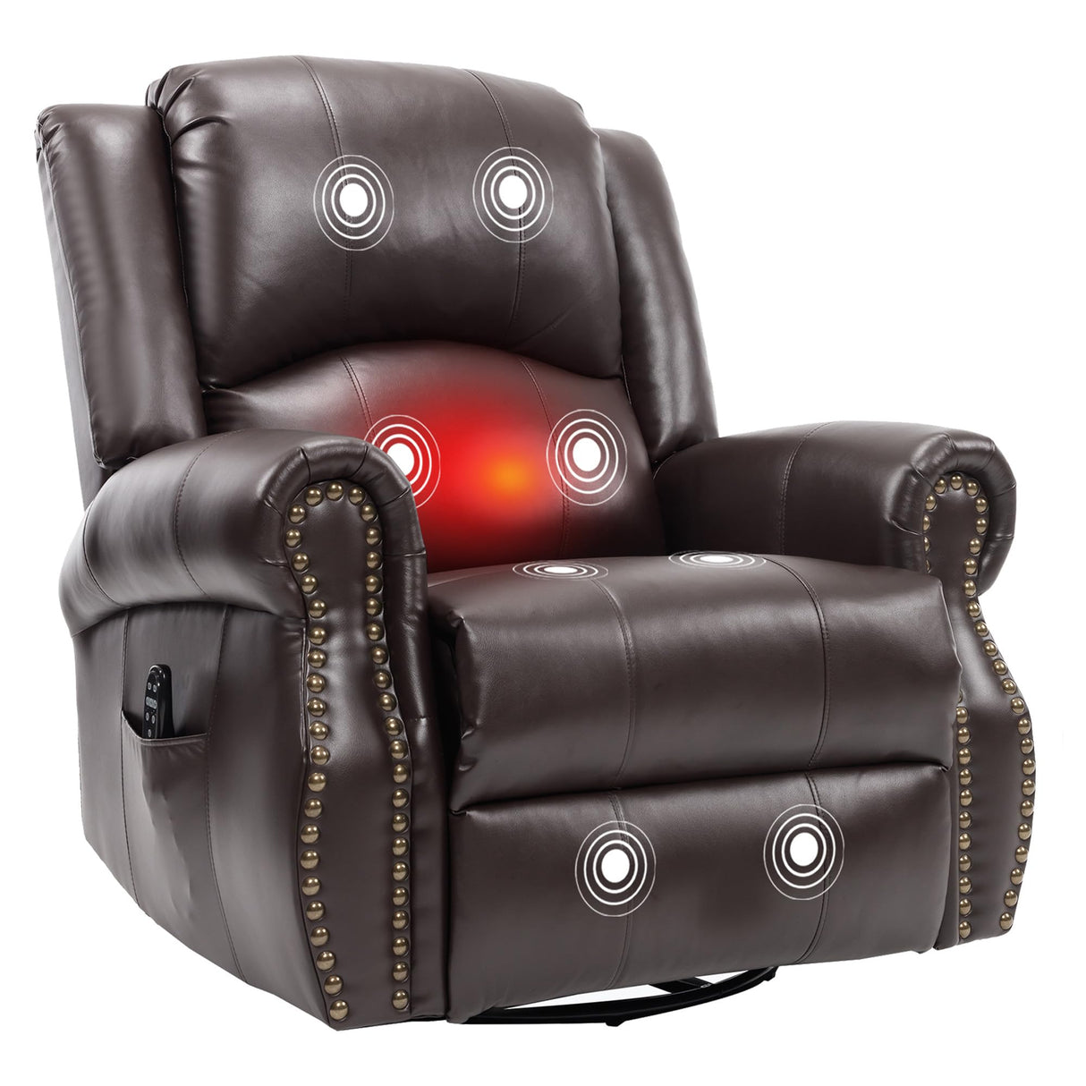 PELUMY Breathable Leather Manual Recliner Chair with Heat Massage, 360° Swivel Rocking Recliner, Oversized Multifunctional Living Room and Nursery Chair (Brown) PELUMY