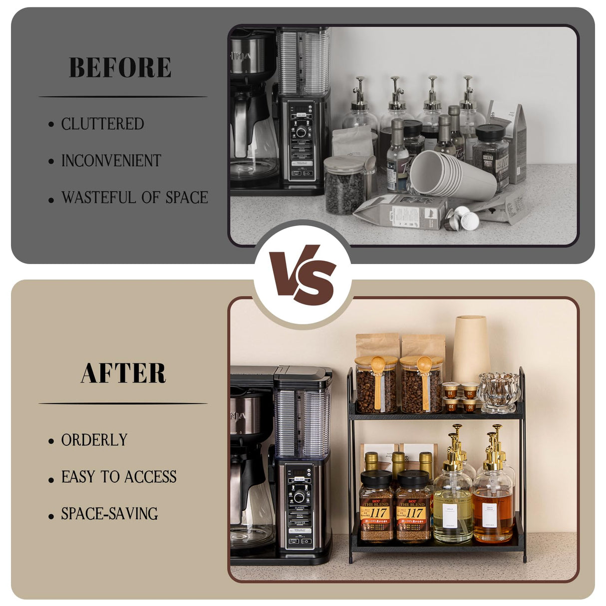 ANBOXIT 2-Tier Coffee Station Organizer, Wooden Kitchen Counter Shelf - Black ANBOXIT