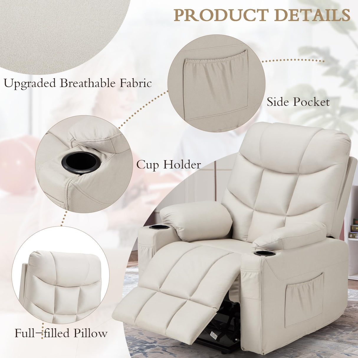 Esright Power Lift Recliner for Elderly, Electric Lift Chair with Heated Vibration Massage,Heavy Duty Electric Recliner with Side Pockets, USB Charge Port & Cup Holders, Cream Beige Esright