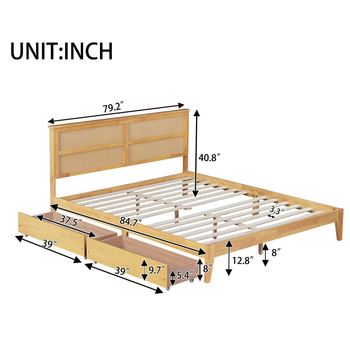 DEINPPA King Bed Frame Solid Rubber Wood Platform Bed with Rattan Headboard and 2 Storage Drawers, Boho Style/Wooden Slats Support/Noise-Free/8 inch Space Underneath/No Box Spring Need-Natural DEINPPA