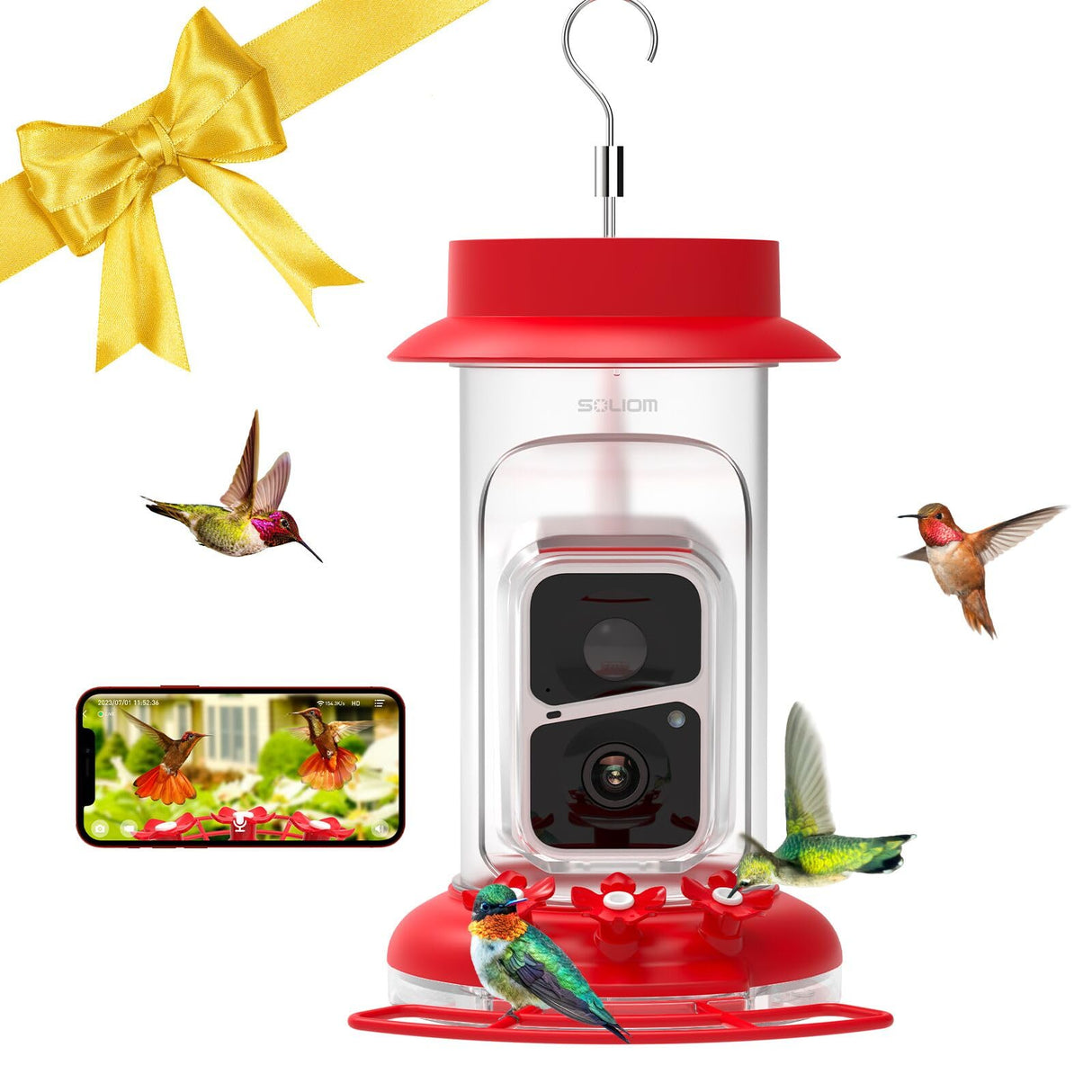 Soliom Humbirdy-Hummingbird Feeder Camera with Ant Moat,Bee Proof,AI Identify Bird Species,Bird Watching Camera with 3 Feeding Ports,Live SOLIOM