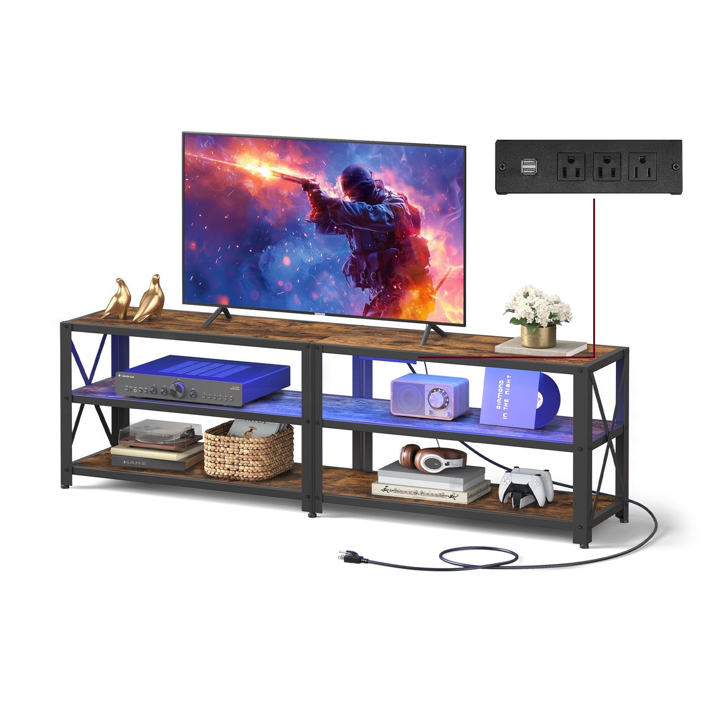 VASAGLE TV Stand with Power Outlets and LED Lights, for TVs up to 65 Inches, Entertainment Center with Open Storage Shelves, TV Console Table for Living Room, Rustic Brown and Ink Black ULTV118K01