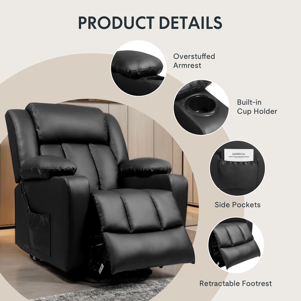 FLEXISPOT XL31 Power Lift Recliner Chair for Elderly, Oversized Electric Leather Lift Chair with Cup Holders, Side Pockets, Massage Reclining Chair Sofa for Living Room Bedroom (Black) FLEXISPOT