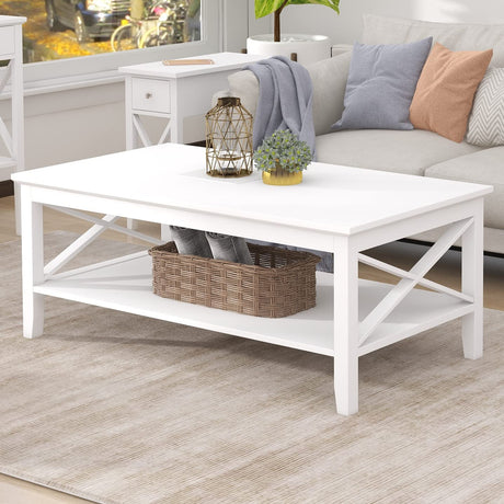 ChooChoo White Coffee Table Classic X Design for Living Room, Rectangular Modern Cocktail Table with Storage Shelf, 39 Inch ChooChoo