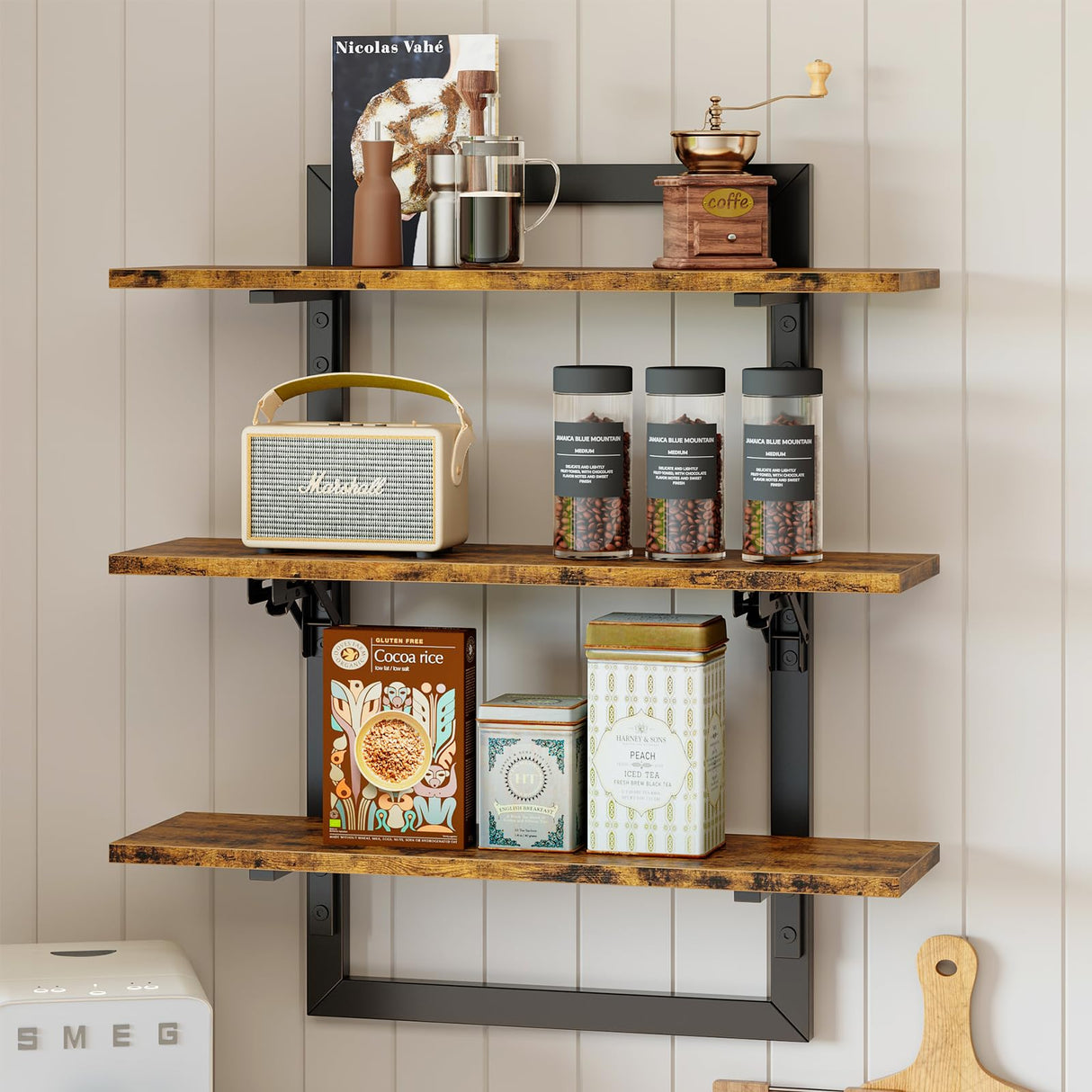 Bestier Floating Shelves for Wall, 24 inch Kitchen Shelves Wall Mounted, 3 Tier Coffee Bar Shelf with Foldable Brackets, Industrial Display Shelf for Bathroom, Living Room, Rustic Brown Bestier