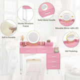 Pink Vanity Desk with Mirror and Lights, Modern Makeup Vanity Table Set with 6 Storage Drawers and Cushioned Stool for Bedroom, Dressing Table with Divided Organizers for Women Girls, Pink armocity