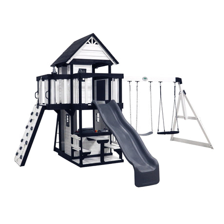 Backyard Discovery Canyon Creek White Cedar Wood Swing Set with Wave Slide, Clubhouse, Play Kitchen, Picnic Area, Belt Swings, Web Swing, Rock Wall, Balconies, Playhouse, Step Ladder, Outdoor Playset Backyard Discovery