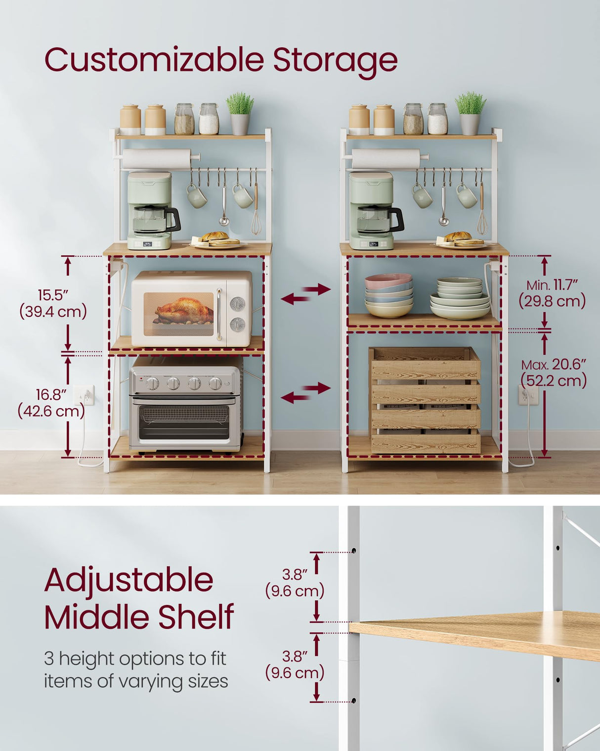 VASAGLE Kitchen Bakers Rack with Power Outlet, Coffee Bar 4-Tier with 8 S Hooks, Microwave Stand, Adjustable Shelf, for Small Spaces, Golden Oak and Cloud White UKKS014Y01V1 VASAGLE