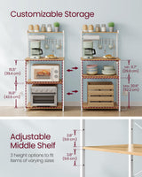 VASAGLE Kitchen Bakers Rack with Power Outlet, Coffee Bar 4-Tier with 8 S Hooks, Microwave Stand, Adjustable Shelf, for Small Spaces, Golden Oak and Cloud White UKKS014Y01V1 VASAGLE