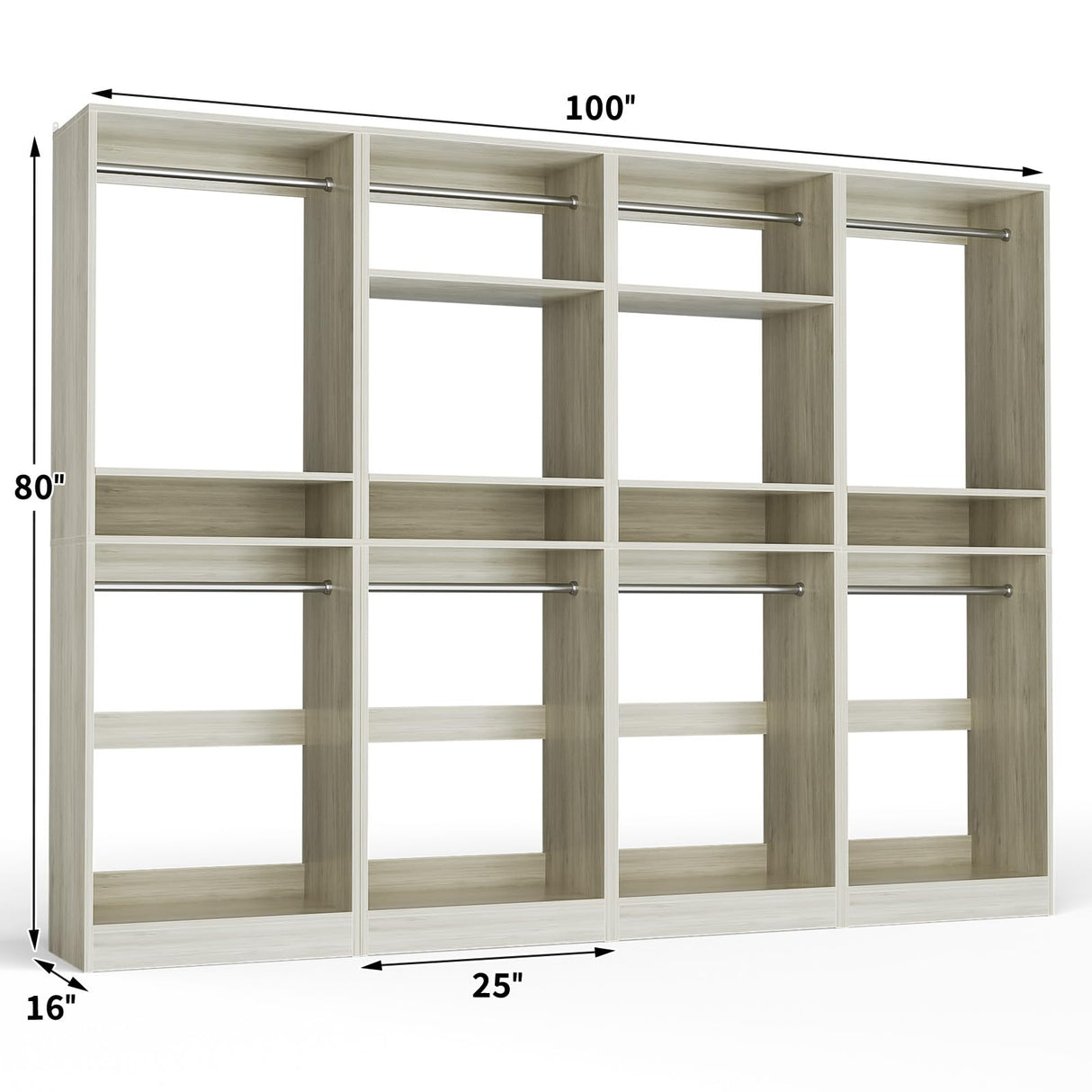 Unikito 100” Closet System, 8.3FT Wood Closet Storage Organizer with 8 Hanging Rods, Adjustable Large Walk in Wardrobe Closet Tower, Sturdy Clothes Garment Rack, Easy Assembly, Set of 4, White Oak Unikito