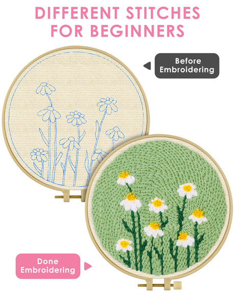 TINDTOP Punch Needle Kit, Daisy Punch Embroidery Kits for Adults Beginner, Tool with Punch Needle Fabric, Hoops, Yarns and Sewing Needles TINDTOP
