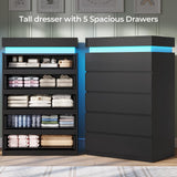 BTHFST 5 Drawers Black Tall Dresser with LED Lights, Modern Tall LED Organizer for Bedroom, Wooden Tall Chest of Drawers with Large Capacity for Bedroom, Closet, Hallway BTHFST