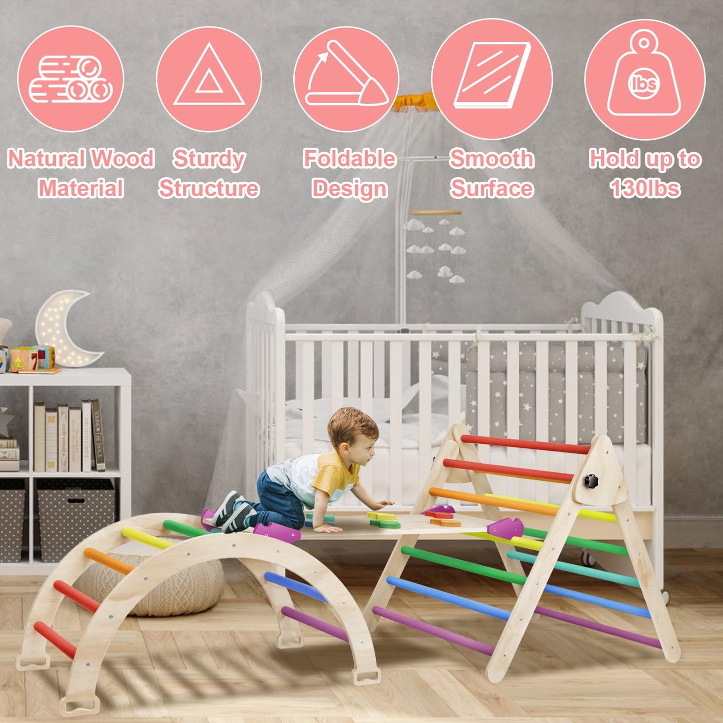 EDOSTORY 5 in 1 Pikler Triangle Set, Indoor Playground and Gym for Kids, Foldable Wooden Montessori Climbing Set Triangle Ladder Set with Slide and Climbing Ramp, Gift for Boys Girls(Rainbow)