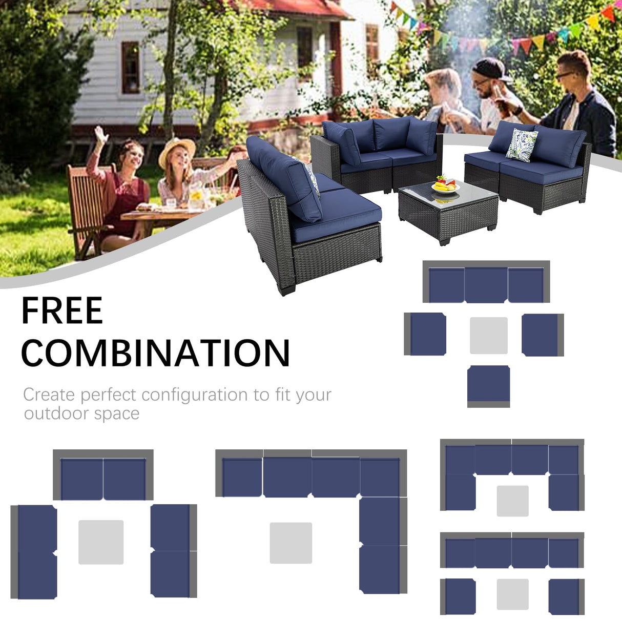 OUGMMGOU 7 Piece Patio Furniture Set, All-Weather Wicker Outdoor Conversation Set with Sectional Sofa, Rattan PE Wicker Seating, Glass Coffee Table, and Cushions (Coffee-Dark blue, Z7) OUGMMGOU