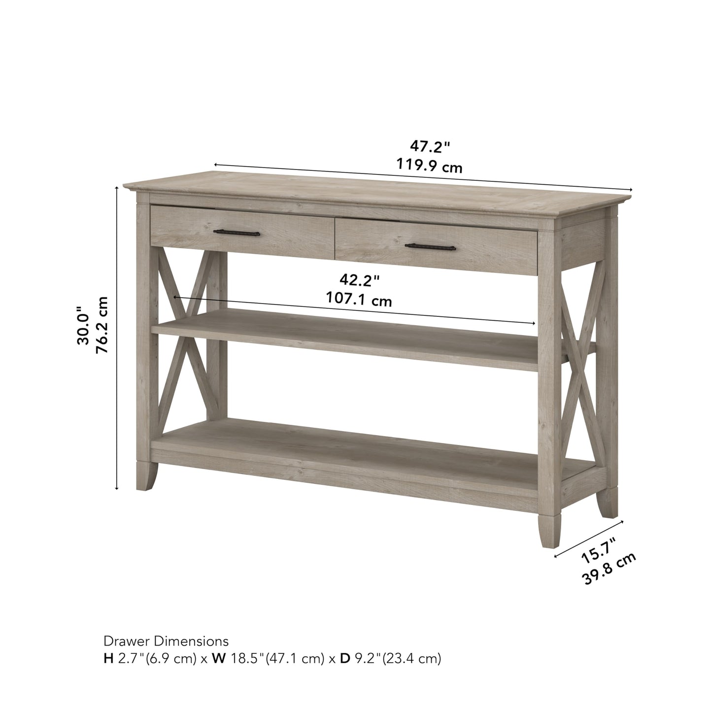 Bush Furniture Key West Console Table with Drawers and Shelves in Washed Gray