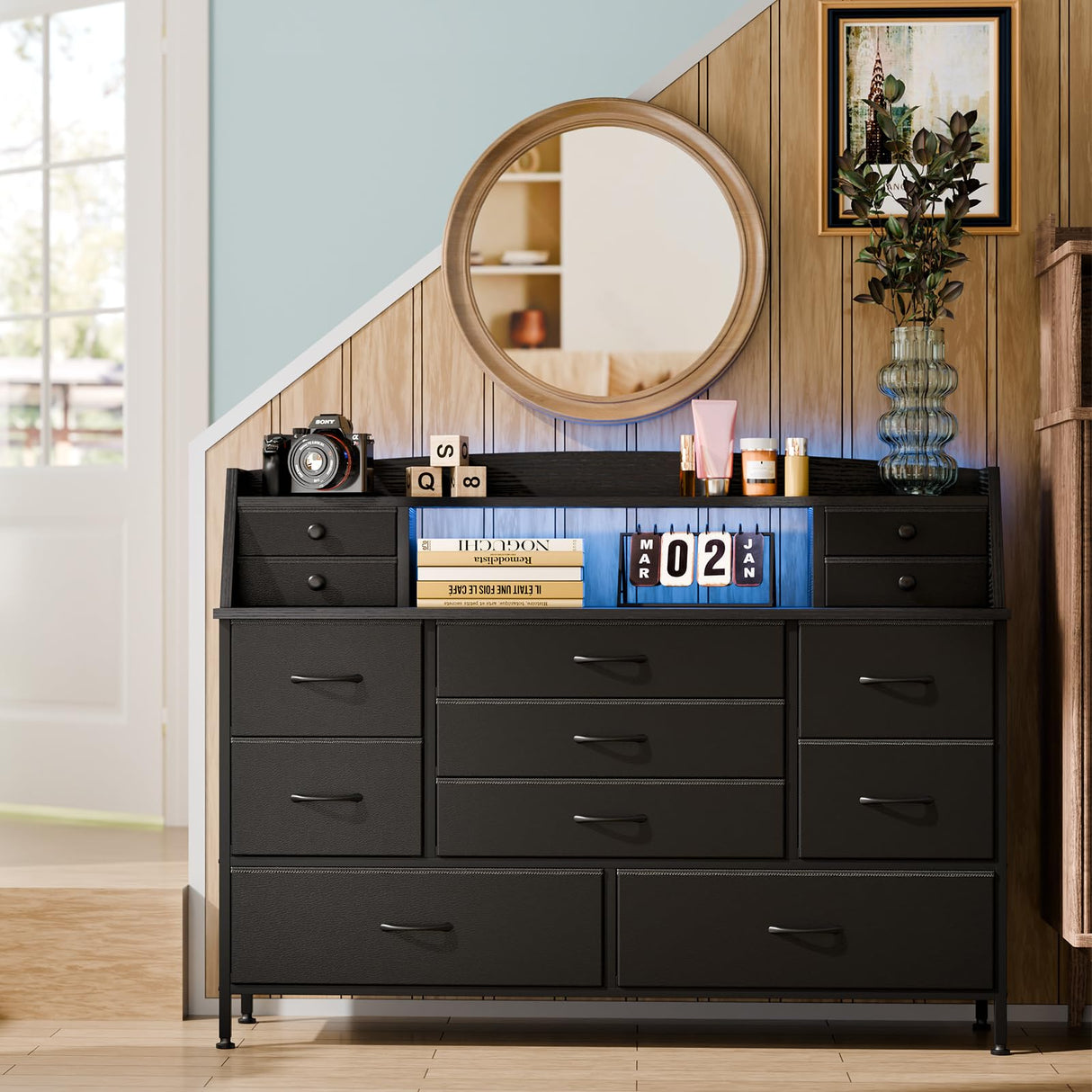 Fixwal Black Nursery Dresser for Bedroom with 13 Drawers, Fabric Chest of Drawers with PU Finish for Kids, Boys, Adults, Nursery, Living Room, Closet, Entryway, Hallway (No LED Lights) Fixwal