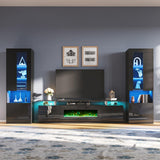 AMERLIFE Entertainment Center with Fireplace and Bookcases, Includes 80" 2-Tier Fireplace TV Stand with 40" Fireplace, 2 x High Gloss Bookshelves with LED Lights & Glass Doors, Obsidian Black AMERLIFE