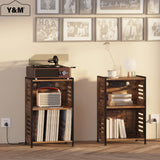 Y&M Record Player Stand, Vinyl Turntable Stand with Charging Station and USB Port, Record Display Table with Storage Cabinet, Turntable Holder, End Table, Nightstand for Bedroom, Living Room, Brown Y&M