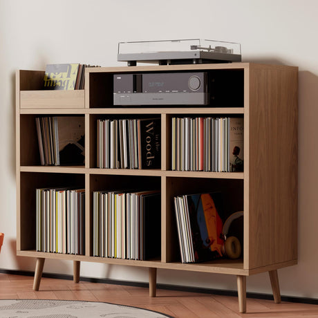 Cozy Castle Record Player Stand, Turntable Shelf with Vinyl Storage up to 500 Albums, Vinyl Record Player Shelf with Power Outlet Sideboard Buffet Cabinet with Storage Accent Cabinet, Brown Cozy Castle