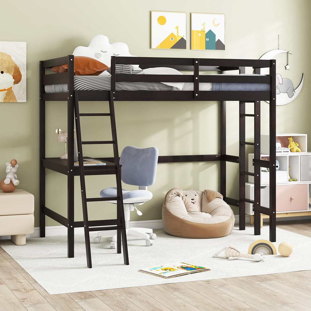 KOMFOTT Solid Wood Twin Loft Bed with Integrated Desk and Dual Ladders KOMFOTT