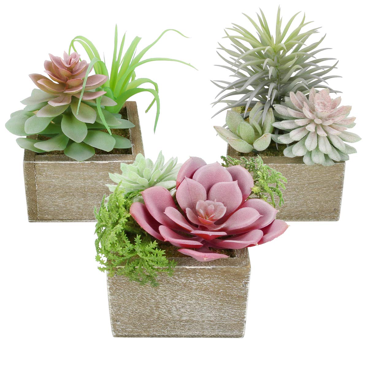 Mingfuxin Succulents Plants Artificial, Mini Assorted Green Fake Plants in Pots, Small Artificial Succulent Plant with Wood Potted for Bathroom Home Office Living Room Table Decor Indoor, Set of 3 Mingfuxin
