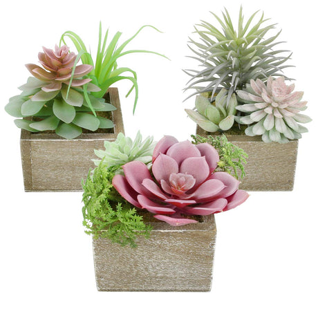 Mingfuxin Succulents Plants Artificial, Mini Assorted Green Fake Plants in Pots, Small Artificial Succulent Plant with Wood Potted for Bathroom Home Office Living Room Table Decor Indoor, Set of 3 Mingfuxin