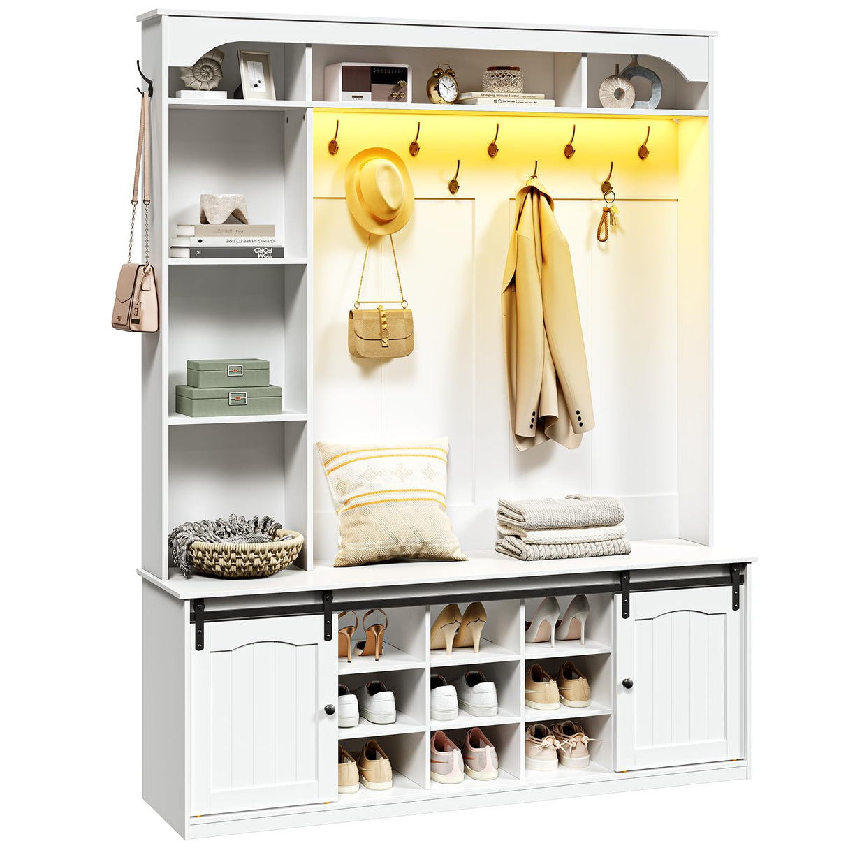 HOOBRO Hall Tree with Bench, 59" Entryway Bench with Coat Rack and Shoe Cabinet, LED Farmhouse Hall Tree with Shoe Storage, 13 Shoe Cubbies and Barn Doors, Wooden, Mud Room, White WT190DMT01 HOOBRO