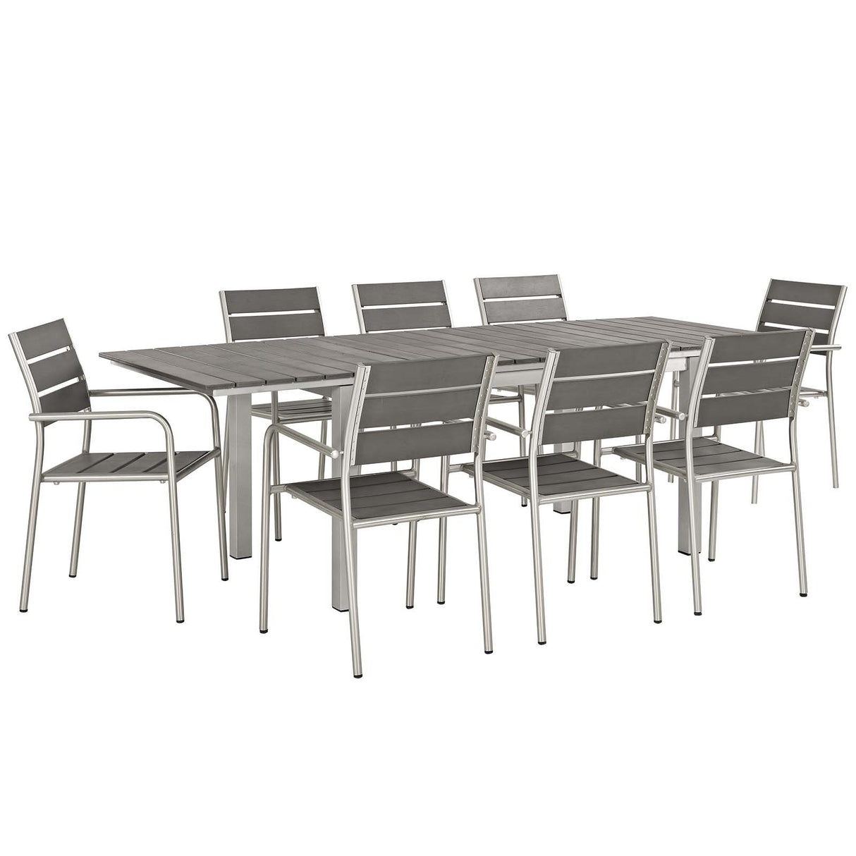 Modway Shore 7-Piece Aluminum Outdoor Patio Furniture Dining Set with Extendable 62 to 94 Inch Dining Table and Six Dining Arm Chairs in Silver Gray Modway